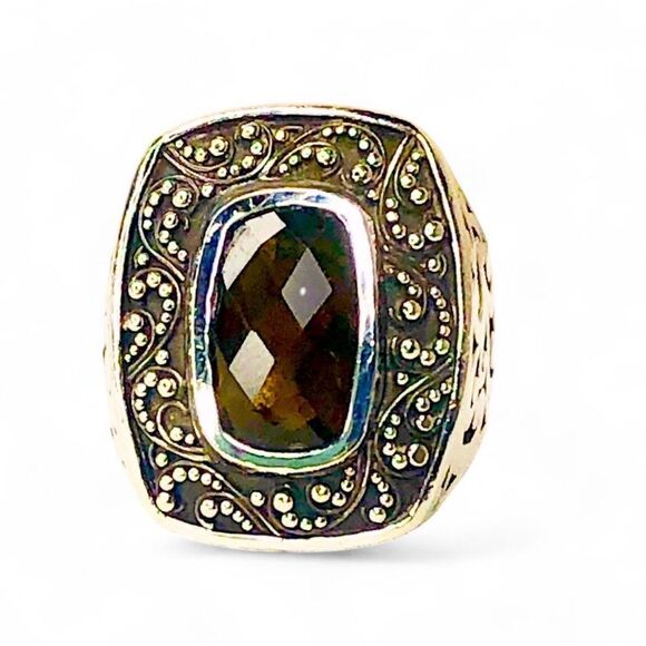 LOIS HILL Sterling Silver Smokey Topaz Granulated Caviar Cut Out Cocktail Ring - Picture 4 of 17